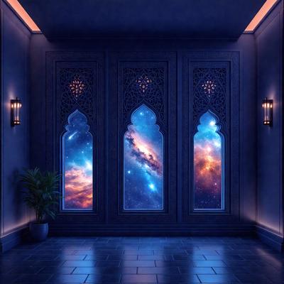 The primary subject of the image is a room with two large windows. The setting is a dark room, possibly a bedroom, with a blue color scheme. The visual style is a digital art or illustration, creating a surreal and dreamy atmosphere. The colors and mood are predominantly blue, with a touch of red, giving the room a serene and calming ambiance.